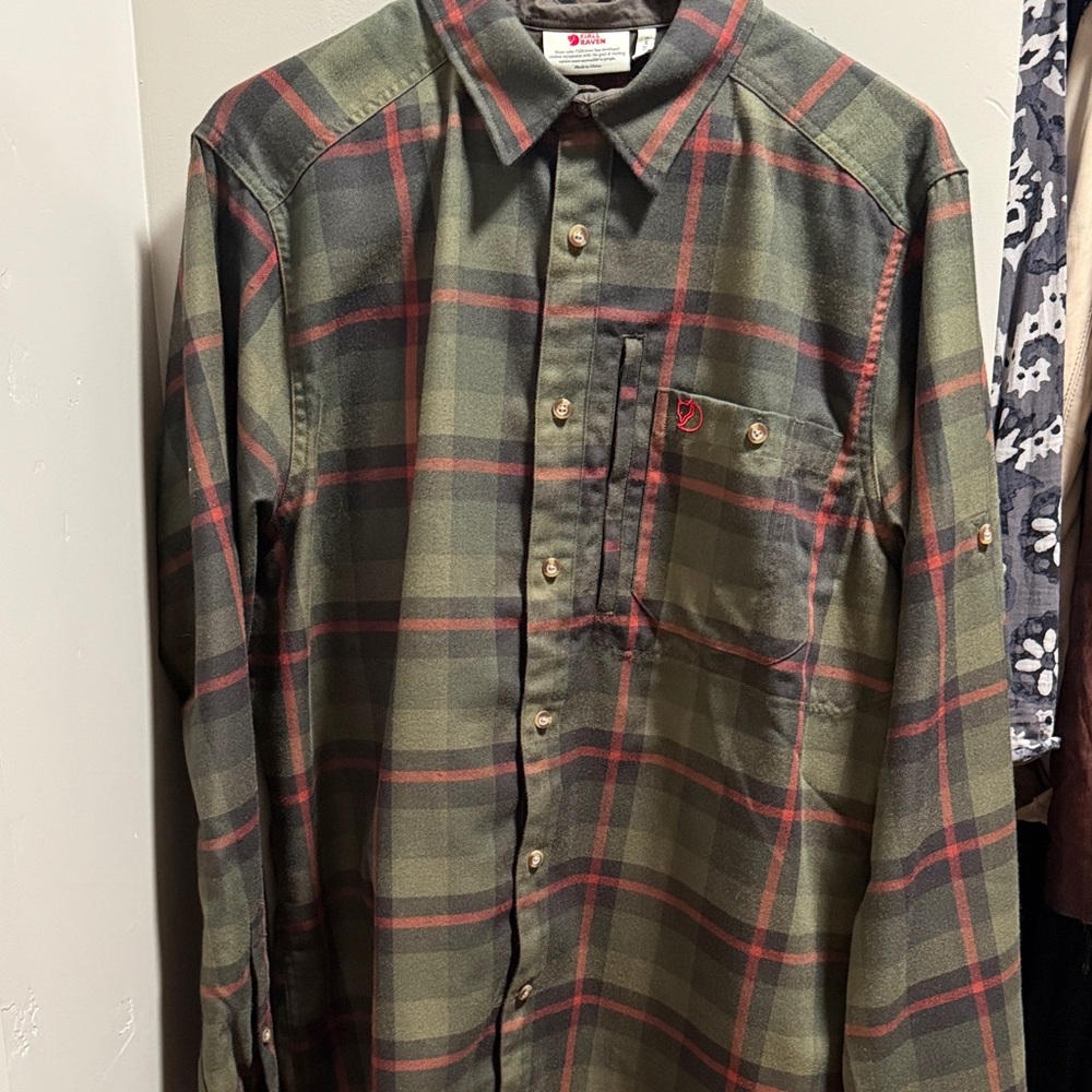 Fjallraven Olive and Red Plaid Button Down Shirt